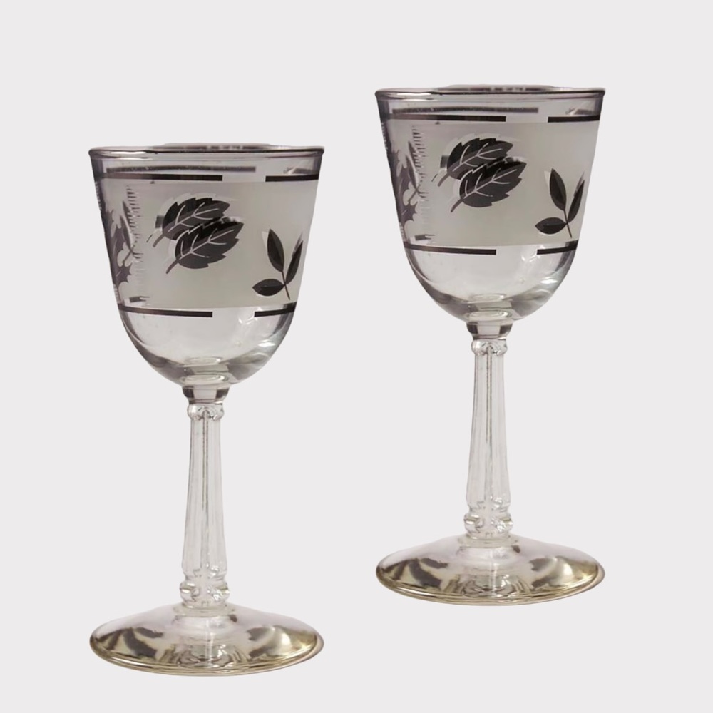 Vintage Libbey Glass Company Silver Leaf Frosted Wine Stem Glasses (Set of 2)